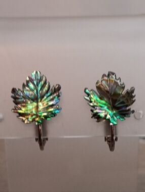 Iridescent Abalone Shell Carved Leaf Clip Earrings Vintage